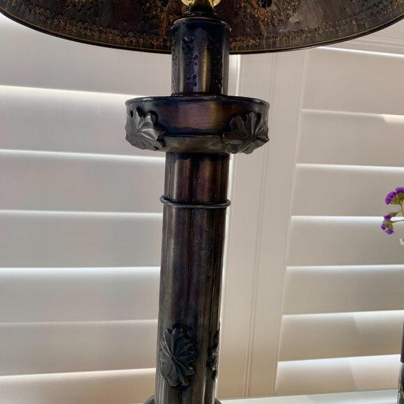 Vintage Handcrafted Mexican Punched Tin Table Lamp with Glass Marble Shade - Picture 5 of 11